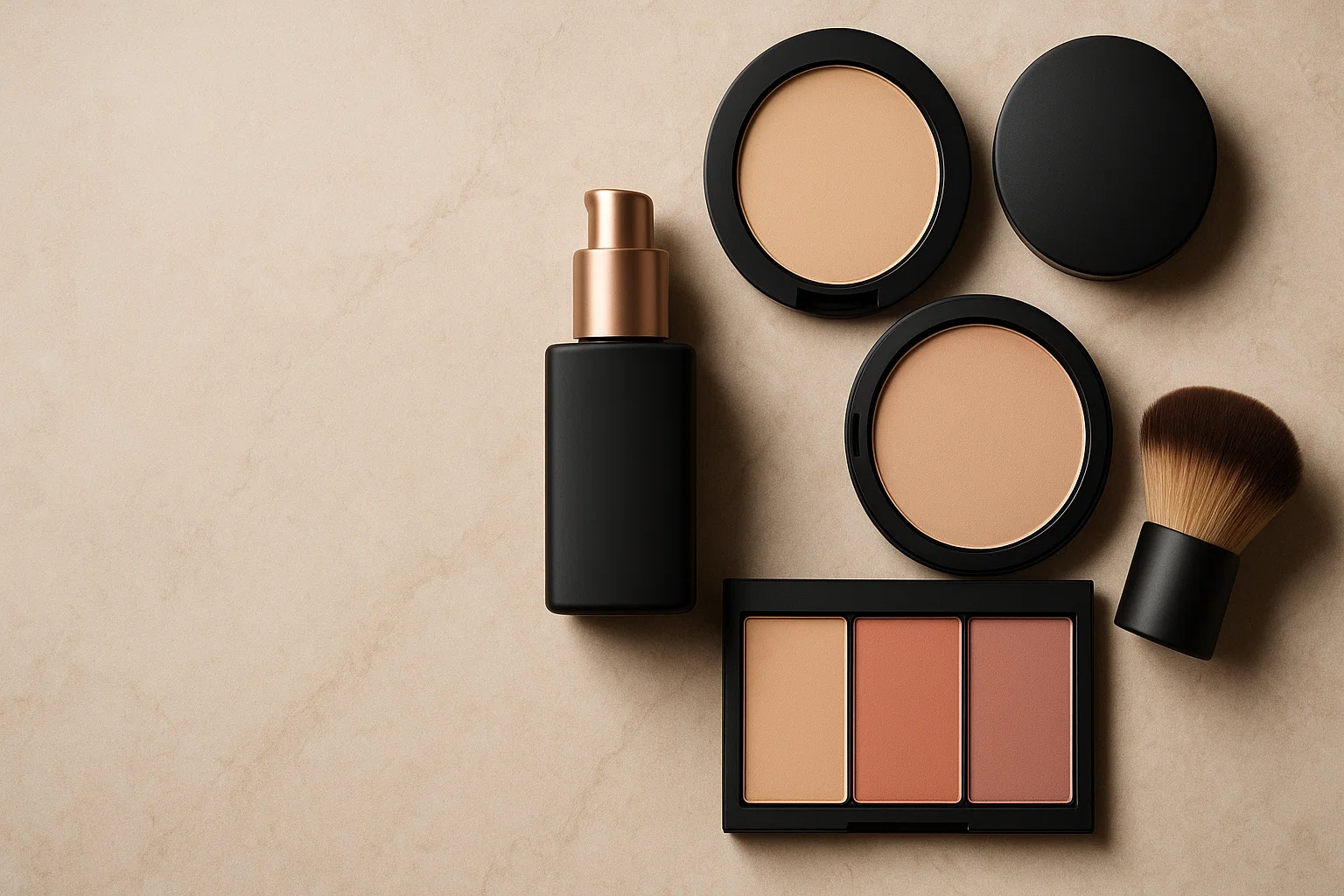 Face cosmetics: foundation, powders, palette and brush