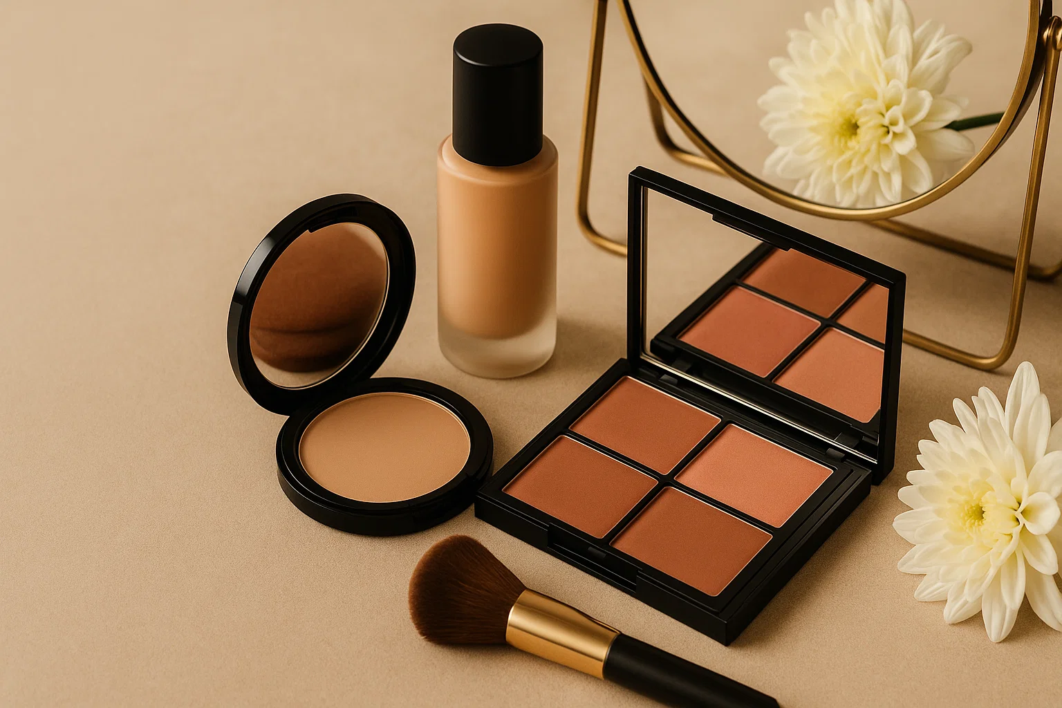 Face cosmetics: foundation, powders, palette and brush